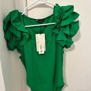 Zara Bright Green Ruffle-Sleeve One-Piece